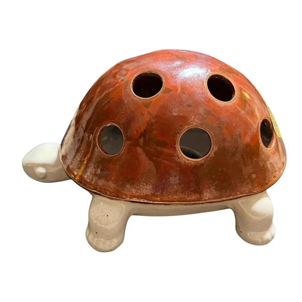 Vintage Vandor 1989 Ceramic Turtle Flower Frog Japan Brown Glazed Shell Decor